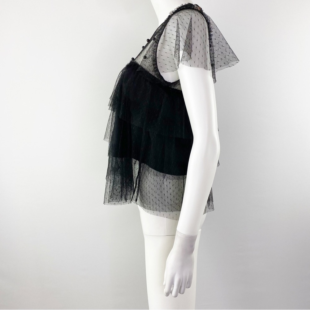 Zara Women's Black Sheer Mesh Lace Layered Short Sleeve Ruffle Top Size XS - Picture 4 of 9